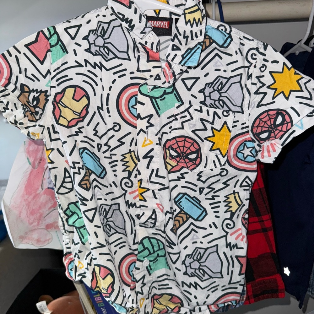 Marvel Kids Button Down Shirt - White with Red, Blue, Yellow Graphics